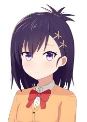 Rule 34 | 10s, 1girl, black hair, blush, bow, bowtie, cross hair ornament, expressionless, gabriel dropout, hair ornament, highres, looking at viewer, purple eyes, school uniform, shironomi, short hair, solo, topknot, vignette tsukinose april, upper body, white background, x hair ornament