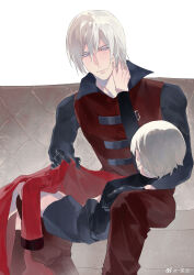 Rule 34 | 2boys, absurdres, aged down, bishounen, blue eyes, closed mouth, dante (devil may cry), devil may cry (anime), devil may cry (series), gloves, hand on another&#039;s face, highres, holding, male focus, multiple boys, necktie, necktie grab, neckwear grab, siblings, smile, vergil (devil may cry), weibo 5287344000, white hair