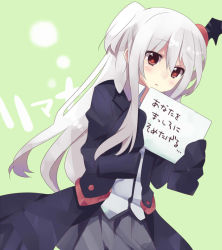 Rule 34 | 1girl, bad id, bad pixiv id, blush, green background, liana (mishima kurone), long hair, mishima kurone, original, oversized clothes, red eyes, simple background, sleeves past wrists, solo, translated, very long hair, white hair