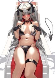 Rule 34 | 1girl, absurdres, beach chair, bikini, black-framed eyewear, black bikini, black choker, black gloves, blue archive, blush, breasts, choker, closed mouth, demon tail, eyewear on head, gloves, grey hair, halo, hands up, highres, iori (blue archive), iori (swimsuit) (blue archive), long hair, looking at viewer, lying, multi-strapped bikini bottom, navel, official alternate costume, on back, pointy ears, red eyes, small breasts, solo, stomach, sunglasses, swimsuit, tail, tan, thigh strap, thighs, twintails, v-shaped eyebrows, very long hair, wet, yamanokami eaka