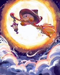Rule 34 | blush stickers, broom, broom riding, cloud, cloudy sky, flying, full body, full moon, harukui, hat, highres, huge moon, kirby, kirby (series), lantern, looking to the side, moon, night, night sky, nintendo, no humans, sky, solo, witch hat
