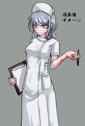 Rule 34 | 1girl, bare arms, burn scar, dorei to no seikatsu ~teaching feeling~, grey background, grey hair, hair ornament, hair ribbon, hairclip, hat, holding, holding notepad, holding pen, long hair, looking at viewer, notepad, nurse, nurse cap, official art, aged up, pen, ponytail, purple eyes, ray-k, ribbon, scar, short sleeves, simple background, smile, solo, sylvie (dorei to no seikatsu), translation request, white ribbon