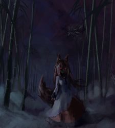 Rule 34 | 1girl, animal ears, bamboo, bamboo forest, brooch, brown hair, dark, dress, fingernails, forest, glowing, glowing eyes, highres, imaizumi kagerou, jewelry, light smile, long fingernails, long sleeves, nail polish, nature, night, outdoors, red eyes, red nails, reddizen, solo, tail, touhou, wide sleeves, wolf ears, wolf tail