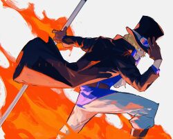 Rule 34 | 1boy, ascot, azisaiharumaki56, black hat, blonde hair, brown gloves, commentary request, fire, gloves, goggles, goggles on headwear, hat, highres, holding, holding weapon, lead pipe, male focus, one piece, sabo (one piece), short hair, smile, solo, teeth, top hat, weapon, white ascot