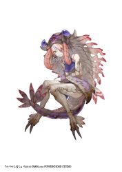 Rule 34 | 1girl, anomalocaris, extra eyes, facial mark, female focus, full body, invisible chair, monster girl, simple background, sitting, solo, tail, tattoo, white background, yuba no shirushi, yuzu shio