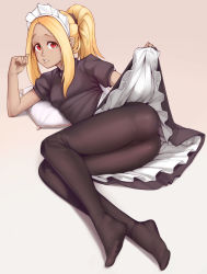 Rule 34 | 1girl, absurdres, black dress, blonde hair, blush, breasts, clothes lift, commentary, dark-skinned female, dark skin, dress, dress lift, english commentary, frilled skirt, frills, full body, gradient background, gravity daze, grey background, highres, kitten (gravity daze), legs, lifting own clothes, lying, maid, maid headdress, medium breasts, medium hair, nickleflick, no shoes, on side, pantyhose, parted lips, ponytail, puffy short sleeves, puffy sleeves, red eyes, shiny clothes, short sleeves, sidelocks, simple background, skirt, solo