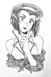 Rule 34 | 1girl, commentary, cowboy bebop, english commentary, faye valentine, goomyloid, hairband, head tilt, highres, index finger raised, ink (medium), lipstick, looking at viewer, makeup, monochrome, short hair, simple background, sketch, solo, traditional media, upper body, white background