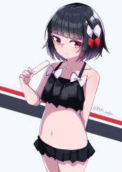 Rule 34 | 1girl, absurdres, arm behind back, bikini, bikini skirt, black bikini, black hair, commentary request, cowboy shot, food, frilled bikini, frills, hair ribbon, highres, ishigaki (kancolle), kantai collection, looking at viewer, multicolored background, one-hour drawing challenge, popsicle, red eyes, red ribbon, ribbon, short hair, solo, swimsuit, twitter username, uut, white background, white ribbon