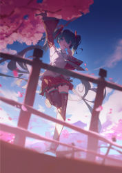 Rule 34 | 1girl, absurdres, aqua eyes, aqua hair, aqua necktie, bare shoulders, black skirt, black sleeves, black thighhighs, blue sky, blurry, blurry foreground, bridge, cherry blossoms, chinese commentary, commentary, day, depth of field, detached sleeves, full body, grey shirt, hair ornament, hako (misheyes), hand up, hatsune miku, headphones, headset, highres, leg up, long hair, miniskirt, necktie, open mouth, outdoors, outstretched arm, pleated skirt, shirt, skirt, sky, sleeveless, sleeveless shirt, smile, solo, thighhighs, twintails, very long hair, vocaloid, zettai ryouiki