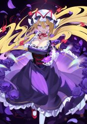 Rule 34 | 1girl, blonde hair, bow, breasts, cleavage, collarbone, dress, elbow gloves, falken (yutozin), flower, frilled dress, frills, gloves, hair between eyes, hair bow, hat, hat ribbon, highres, large breasts, long hair, looking at viewer, mob cap, open mouth, petals, purple dress, purple eyes, purple flower, red bow, red footwear, red ribbon, ribbon, shoes, short sleeves, sidelocks, solo, touhou, white gloves, white hat, yakumo yukari