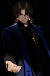 Rule 34 | 1boy, absurdres, albino (a1b1n0623), black background, black eyes, brown hair, cross, cross necklace, fate/grand order, fate (series), highres, jewelry, kotomine kirei, male focus, necklace, priest, rasputin (fate), reaching, reaching towards viewer, scarf, smile