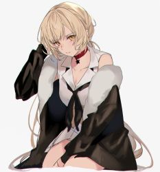 Rule 34 | 1girl, aogisa, bad id, bad pixiv id, black jacket, black necktie, blonde hair, blush, breasts, choker, closed mouth, collarbone, dress, fur collar, fur trim, girls&#039; frontline, hand in own hair, highres, jacket, jacket on shoulders, jewelry, long hair, looking at viewer, necklace, necktie, orange eyes, ots-14 (girls&#039; frontline), red choker, sitting, solo, star (symbol), star necklace, white background, white dress