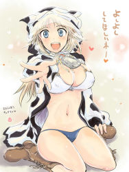 Rule 34 | 1girl, animal print, bell, blonde hair, blue eyes, blush, boots, bra, breasts, cleavage, cow print, cowbell, female focus, highres, katharine ohare, large breasts, long hair, mishiro shinza, open mouth, outstretched hand, solo, strike witches, strike witches: suomus misfits squadron, underwear, world witches series