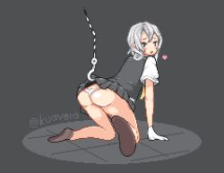 Rule 34 | 10s, 1girl, all fours, ass, assisted exposure, asymmetrical hair, bad id, bad pixiv id, black legwear, black skirt, blush, butt crack, clothes lift, from behind, gloves, green eyes, half-closed eyes, heart, hook, kantai collection, kuavera, long hair, looking back, lowres, nowaki (kancolle), open mouth, panties, pixel art, pleated skirt, school uniform, silver hair, skirt, skirt lift, solo, twitter username, underwear, vest, white gloves, white panties