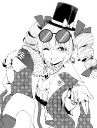 Rule 34 | 1girl, ;d, bow, bracelet, commentary request, commission, crossed legs, drill hair, earrings, eyewear on head, folding fan, fur trim, greyscale, hand fan, hat, hat bow, highres, holding, holding fan, jewelry, looking at viewer, monochrome, naegi (naegidokoro), one eye closed, open mouth, pendant, ring, round eyewear, signature, simple background, sitting, skeb commission, smile, solo, sunglasses, top hat, touhou, twin drills, yorigami jo&#039;on