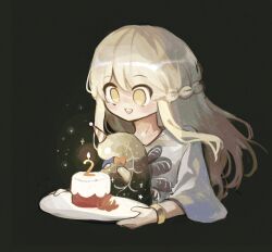 Rule 34 | 1boy, :d, birthday cake, black background, blonde hair, bow, bowtie, bracelet, braid, cake, candle, commentary, dnuatun, elden beast, elden ring, english commentary, food, hat, highres, holding, holding plate, jewelry, long hair, male focus, miquella (elden ring), open mouth, party hat, plate, red bow, red bowtie, simple background, smile, teeth, trap, upper teeth only, yellow eyes