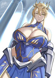 Rule 34 | 1girl, absurdres, artoria pendragon (fate), artoria pendragon (lancer) (fate), bare shoulders, blonde hair, breasts, cleavage, cleavage cutout, clothing cutout, covered navel, crown, fate/grand order, fate (series), gauntlets, green eyes, hair between eyes, highleg, highleg leotard, highres, huge breasts, large breasts, leotard, navel, shaded face, shiki (love-saber), signature, solo, waist cape