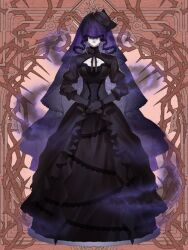 Rule 34 | 1girl, amata primus, ame tyaya, aura, black dress, black flower, black gloves, black headwear, black ribbon, black rose, black veil, brown background, cleavage cutout, closed mouth, clothing cutout, corsage, covered eyes, dairoku ryouhei, dark aura, dress, expressionless, facing viewer, flower, full body, gloves, gown, juliet sleeves, lace, lace-trimmed dress, lace trim, long dress, long sleeves, neck ribbon, pillbox hat, puffy sleeves, ribbon, rose, solo, straight-on, v arms, veil, veil over eyes