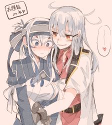 Rule 34 | 2girls, ainu clothes, bad id, bad twitter id, belt, black gloves, blue hair, blush, brown gloves, commentary request, dress, facial scar, gangut (kancolle), gloves, grey hair, hair between eyes, hair ornament, hairclip, hat, headband, heart, itomugi-kun, jacket, jacket on shoulders, kamoi (kancolle), kantai collection, long hair, looking at another, military, military hat, military uniform, multicolored hair, multiple girls, naval uniform, peaked cap, ponytail, reading, red eyes, red shirt, remodel (kantai collection), scar, scar on cheek, scar on face, shirt, simple background, uniform, white hair