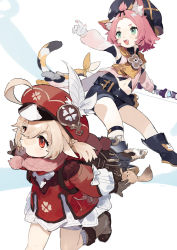 Rule 34 | 2girls, absurdres, ahoge, animal ear fluff, animal ears, backpack, bag, bangs pinned back, blonde hair, boots, bow (weapon), brown gloves, cat ears, cat tail, clover, diona (genshin impact), dress, feathers, four-leaf clover, genshin impact, gloves, hat, hat feather, highres, holding, holding bow (weapon), holding weapon, klee (genshin impact), leg up, long sleeves, multiple girls, navel, open mouth, pink hair, pointy ears, red dress, red eyes, red headwear, scarf, sh (shinh), short hair, shorts, simple background, tail, weapon, white gloves