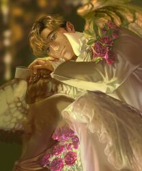 Rule 34 | 1boy, angel statue, blurry, blurry background, brown hair, closed mouth, coooga, flower, heart, highres, indoors, jacket, jewelry, killing stalking, looking at viewer, male focus, oh sangwoo, pants, pink flower, pink rose, ring, rose, short hair, smile, solo, statue, white jacket, white pants