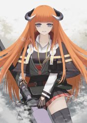 Rule 34 | 1girl, arknights, bagpipe (arknights), black cape, black gloves, black thighhighs, breasts, cape, dragon horns, feet out of frame, gloves, grey eyes, highres, holding, holding polearm, holding weapon, horns, long hair, long sleeves, looking at viewer, open mouth, orange hair, parted lips, plaid, plaid skirt, polearm, skirt, smile, solo, standing, steam, thighhighs, thomas 8000, weapon