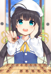 Rule 34 | 10s, 1girl, :d, absurdres, ahoge, bad id, bad pixiv id, beret, black hair, blue eyes, blue sky, blunt bangs, blurry, blurry background, blush, board game, day, depth of field, hair ribbon, hand on own cheek, hand on own face, hat, highres, hinatsuru ai, holding, indoors, long sleeves, looking at viewer, low twintails, neck ribbon, noria, open mouth, ribbon, ryuuou no oshigoto!, shogi, sky, sliding doors, smile, solo, twintails, upper body, white hat, wing collar, yellow ribbon