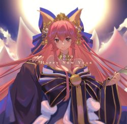 Rule 34 | animal ear fluff, animal ears, bare shoulders, blue kimono, breasts, cleavage, closed mouth, commentary, ears through headwear, english commentary, fate/grand order, fate (series), fox ears, fox girl, hair between eyes, hair ornament, happy new year, japanese clothes, kimono, large breasts, long hair, lucidsky, new year, off shoulder, official alternate costume, orange hair, smile, solo, sun, tamamo (fate), tamamo no mae (fate/extra), tamamo no mae (third ascension) (fate), very long hair, wide sleeves, yellow eyes