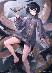 Rule 34 | 1girl, ao-chan (ninomae ina&#039;nis), bakedmochi, blue eyes, bob cut, book, breasts, floating, floating book, floating object, grey shorts, highres, hololive, hololive english, jacket, long sleeves, looking at viewer, ninomae ina&#039;nis, ninomae ina&#039;nis (loungewear), pointy ears, purple hair, purple jacket, short hair, short shorts, shorts, slippers, small breasts, smile, solo, sticker, tentacles, virtual youtuber