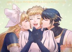 Rule 34 | 1boy, 2girls, ahoge, alfonse (fire emblem), alternate costume, blonde hair, blue hair, blush, brother and sister, cake, candle, commentary, crown, dated, double bun, english commentary, english text, closed eyes, fire emblem, fire emblem heroes, food, food on face, gloves, gradient hair, hair ornament, hair ribbon, henriette (fire emblem), highres, kiss, kissing cheek, long hair, mother&#039;s day, mother and daughter, mother and son, multicolored hair, multiple girls, nintendo, open mouth, ribbon, rokusashu, sharena (fire emblem), short hair, siblings, smile