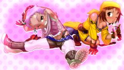 Rule 34 | 2girls, alfa system, armpits, bike shorts, boots, boro, brown eyes, brown hair, forehead, hermana larmo, highres, knee boots, multiple girls, muscular, one eye closed, pepsi, pink background, polka dot, polka dot background, purple hair, razzy, stretching, summon night, summon night: swordcraft story, tales of (series), tales of innocence, tan, wink