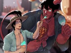 Rule 34 | 2boys, abs, aqua shirt, bara, bare pectorals, black kimono, chest hair, collared shirt, colored skin, couple, demon boy, demon horns, demon tail, dominique (the devil and s-13), earrings, feeding, food, hand fan, hat, hay, highres, holding, holding food, holding spoon, horns, japanese clothes, jewelry, kimono, large pectorals, looking at another, male focus, multiple boys, muscular, muscular male, nipples, nose piercing, open clothes, open mouth, open shirt, paper fan, pectorals, piercing, pointy ears, red skin, shirt, spoon, steen (the devil and s-13), straw hat, suyohara, tail, the devil and s-13, uchiwa, yaoi