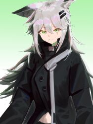 Rule 34 | 1girl, absurdres, animal ears, arknights, black coat, closed mouth, coat, green background, green eyes, hair between eyes, hair ornament, highres, lappland (arknights), long hair, long sleeves, looking at viewer, nonoa, scar, scar across eye, simple background, smile, solo, upper body, white hair