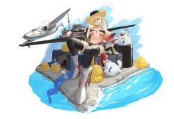 Rule 34 | 1girl, absurdres, aircraft, airplane, anti-aircraft, anti-aircraft gun, arm rest, azur lane, bare shoulders, belt, bikini, bird, black bikini, black headwear, black shorts, black sleeves, black thighhighs, blonde hair, blunt bangs, boots, box, breasts, cat, chick, cleavage, collarbone, commentary, cowboy hat, detached sleeves, drum (container), eagle union (emblem), english commentary, engrish commentary, flight deck, full body, green eyes, grin, hat, highres, hornet (azur lane), knee boots, large breasts, leo higa, long hair, looking at viewer, manjuu (azur lane), meowfficer (azur lane), midriff, multicolored hair, navel, ocean, one eye closed, parted bangs, rigging, rudder footwear, short shorts, shorts, sidelocks, simple background, sitting, smile, solo focus, streaked hair, swimsuit, teeth, thighhighs, twintails, underboob, white background, yellow belt