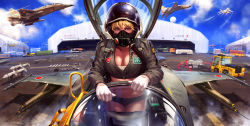 Rule 34 | 1girl, aircraft, airplane, black shorts, blonde hair, blue eyes, breasts, cleavage, clothes hanger, cropped jacket, dcwj, fighter jet, hangar, helmet, highres, image sample, jet, long sleeves, looking at viewer, medium breasts, military, military vehicle, missile, original, outdoors, pilot, short shorts, shorts, solo, standing