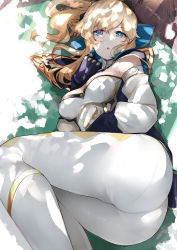 Rule 34 | 1girl, ass, blonde hair, blue capelet, blue eyes, blush, bow, breasts, capelet, cleavage, gauntlets, genshin impact, hair bow, highres, jean (genshin impact), large breasts, long hair, looking at viewer, lying, miya ur, multicolored capelet, on side, pants, ponytail, sidelocks, solo, tight clothes, tight pants, white pants