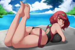 Rule 34 | 1girl, ass, blue sky, breast press, breasts, clothes, cloud, cloudy sky, feet up, female focus, full body, highres, huge ass, huge breasts, legs, legs up, lying, medium hair, nail polish, on stomach, orange eyes, pyra (xenoblade), red hair, sky, smile, solo, sorenstar, thick thighs, thighs, water, xenoblade chronicles (series), xenoblade chronicles 2