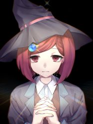Rule 34 | 1girl, absurdres, black background, closed mouth, collared shirt, commentary request, danganronpa (series), danganronpa v3: killing harmony, dress shirt, gem, hair ornament, hairclip, hat, highres, interlocked fingers, jacket, long sleeves, looking at viewer, luna 11777, out of frame, own hands clasped, own hands together, red eyes, red hair, school uniform, shirt, short hair, solo, translation request, upper body, vest, white shirt, witch hat, yumeno himiko