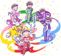 Rule 34 | 10s, 6+boys, 720 72, brothers, brown hair, clothes around waist, from above, hands on own hips, jacket, jacket around waist, jumpsuit, male focus, matsuno choromatsu, matsuno ichimatsu, matsuno jyushimatsu, matsuno karamatsu, matsuno osomatsu, matsuno todomatsu, multiple boys, osomatsu-kun, osomatsu-san, osomatsu (series), paint can, paint splatter, paintbrush, pants, pants rolled up, sextuplets, siblings, smile, song name, torn clothes, torn sleeves