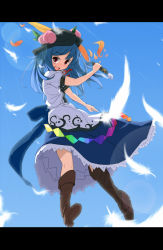 Rule 34 | 1girl, blue hair, boots, colorized, day, eto, feathers, female focus, flying, food, fruit, hat, highres, hinanawi tenshi, lens flare, letterboxed, long hair, md5 mismatch, no nose, nutsiqu, open mouth, peach, red eyes, resolution mismatch, sky, smile, solo, source smaller, sword, sword of hisou, touhou, weapon