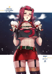 Rule 34 | 1girl, alternative clothes, blush, body heat, breasts, brown eyes, choker, crop top, female focus, gloves, gradient background, highres, izayoi aki, jacket, large breasts, looking at viewer, mibry (phrysm), nail polish, navel, no bra, outdoors, red hair, self exposure, shiny skin, short hair, snow, solo, standing, sweat, thighs, yu-gi-oh!, yu-gi-oh! 5d&#039;s