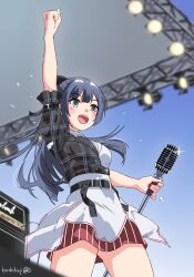 Rule 34 | 1girl, :d, absurdres, akiyama (yehonatan), alternate hairstyle, amplifier, arm up, belt, clenched hand, cowboy shot, from below, grey eyes, grey hair, highres, holding, holding microphone stand, love live!, love live! nijigasaki high school idol club, microphone stand, multicolored clothes, nail polish, open mouth, plaid, ponytail, red skirt, signature, skirt, smile, solo, stage, stage lights, striped clothes, striped skirt, teeth, upper teeth only, water drop, yuuki setsuna (love live!)
