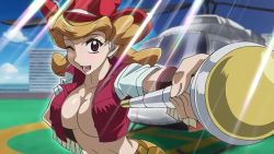 Rule 34 | 1girl, aircraft, belt, bow, bowtie, breasts, collared shirt, cowboy hat, female focus, hand on own hip, hat, helicopter, highres, holding, large breasts, light brown hair, looking at viewer, melissa claire, microphone, midriff, no bra, one eye closed, open mouth, red eyes, screencap, shirt, sky, smile, staff, sunlight, third-party edit, upper body, vehicle, vest, cowboy western, wink, yu-gi-oh!, yu-gi-oh! arc-v