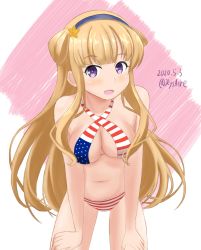 Rule 34 | 1girl, ame-san, american flag bikini, american flag print, bikini, blonde hair, blue hairband, breasts, cleavage, commentary request, cowboy shot, criss-cross halter, dated, double bun, flag print, fletcher (kancolle), fletcher mk ii (kancolle), hair bun, hair ornament, hairband, halterneck, hands on own thighs, highres, kantai collection, large breasts, leaning forward, long hair, print bikini, purple eyes, solo, star (symbol), star hair ornament, swimsuit, twitter username, white background