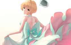 Rule 34 | 1girl, back bow, backless dress, backless outfit, blonde hair, blue bow, blue dress, bow, closed mouth, dress, from side, green eyes, highres, idolmaster, idolmaster cinderella girls, idolmaster cinderella girls starlight stage, long dress, looking at viewer, looking back, maitake (maitake1234), miyamoto frederica, short hair, shoulder blades, simple background, skirt hold, sleeveless, sleeveless dress, smile, solo, standing, white background