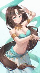 Rule 34 | 1girl, absurdres, arm up, armlet, armpits, bandeau, bangle, bare shoulders, blue eyes, blurry, bracelet, breasts, brown hair, circlet, cleavage, closed mouth, collar, dancer, depth of field, green bandeau, green nails, harem outfit, highres, jewelry, large breasts, long hair, long skirt, looking at viewer, low-tied long hair, midriff, nail polish, navel, neil (neil nim), original, parted bangs, skirt, smile, solo, standing, stomach, strapless, tube top, very long hair, white skirt