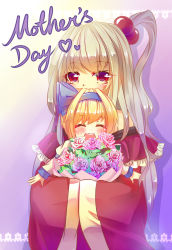 Rule 34 | 2girls, ^ ^, alice margatroid, alice margatroid (pc-98), bad id, bad pixiv id, blonde hair, bouquet, carnation, carrying, carrying person, child, child carry, closed eyes, flower, hair bobbles, hair ornament, hairband, hug, lifting person, long hair, looking at viewer, meisenraku, mother&#039;s day, mother and daughter, multiple girls, open mouth, orange eyes, rose, shinki (touhou), short hair, side ponytail, silver hair, smile, touhou, touhou (pc-98)