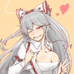 Rule 34 | 1girl, blush stickers, bow, breasts, cigarette, cleavage, colorized, cube85, fujiwara no mokou, grey hair, grin, hair bow, heart, large breasts, long hair, looking at viewer, one eye closed, open clothes, open shirt, red eyes, sarashi, shirt, simple background, smile, solo, suspenders, touhou, v, wink