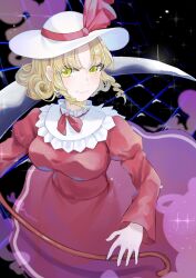 Rule 34 | 1girl, blonde hair, dress, drill hair, elly (touhou), hat, highres, kuma xylocopa, red dress, scythe, solo, touhou, touhou (pc-98), white hat, yellow eyes