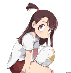 Rule 34 | 1girl, alcor (little witch academia), artist name, bad id, bad pixiv id, brown hair, closed mouth, from side, kagari atsuko, little witch academia, long hair, looking at viewer, once 11h, red eyes, red shorts, shirt, short sleeves, shorts, simple background, sitting, upper body, white background, white shirt